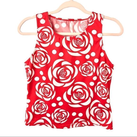 VINTAGE 90’s Marika Red Stretch Rosette Print Tank Top Size M - Picture 2 of 4